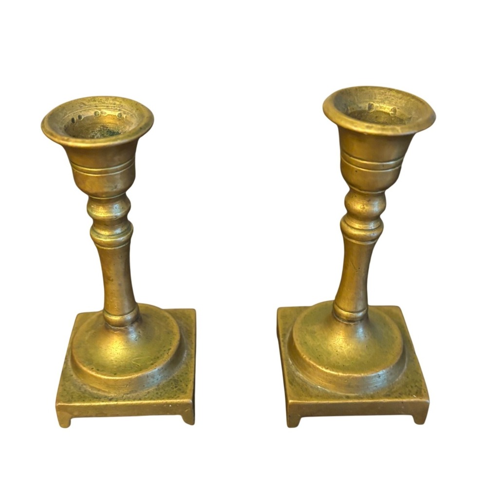 Vintage Solid Brass Candlestick Holders | Set of 2 | Square Base | 4 Inch Gold